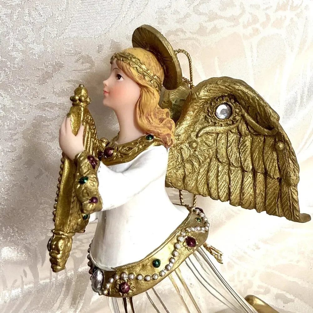 VTG Christmas Harp Angel Holiday Tree Ornament Clear Glass Flute Bell Skirt 4”